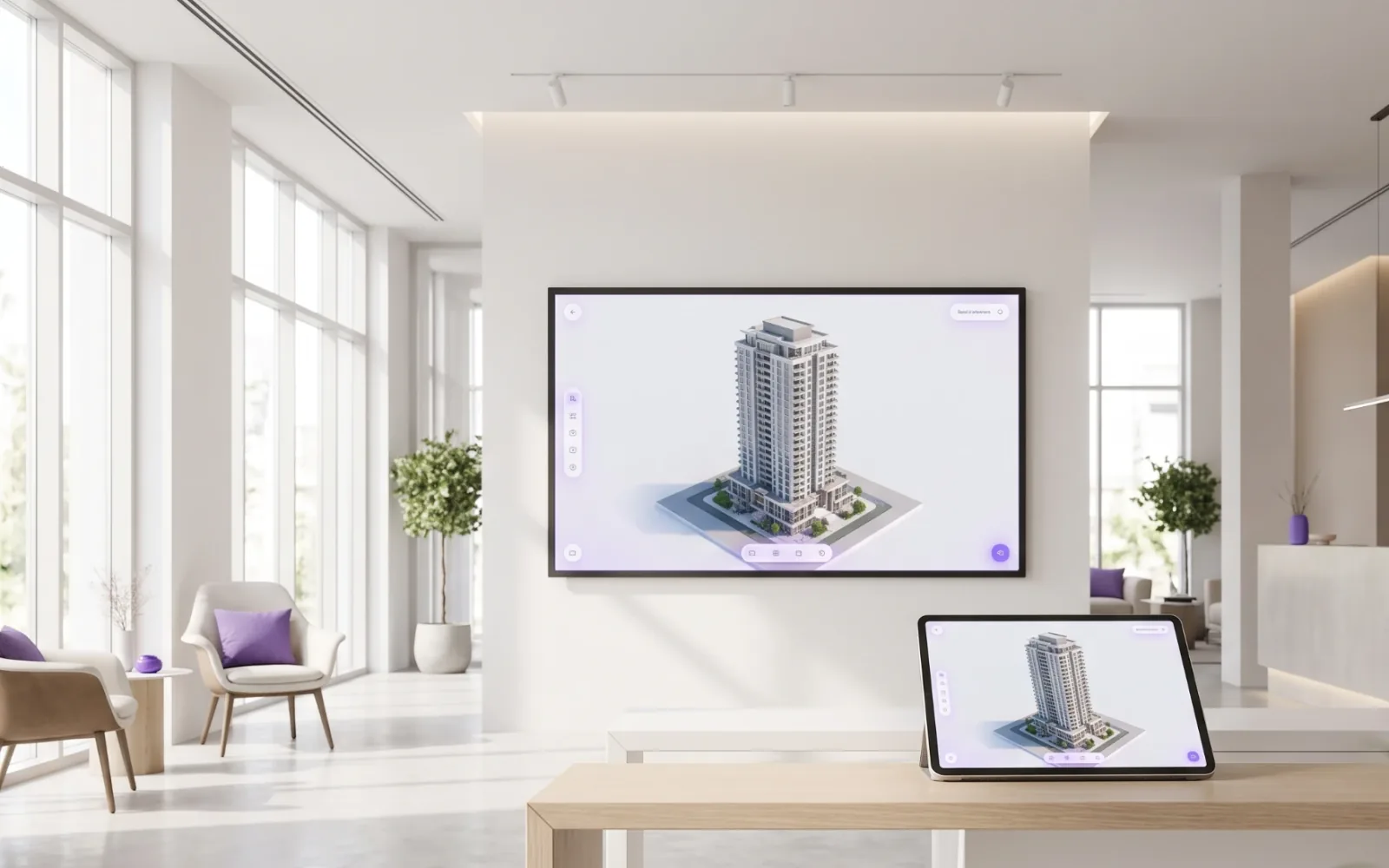 Interactive 3D model of a residential tower on a wall display and tablet in a bright sales gallery