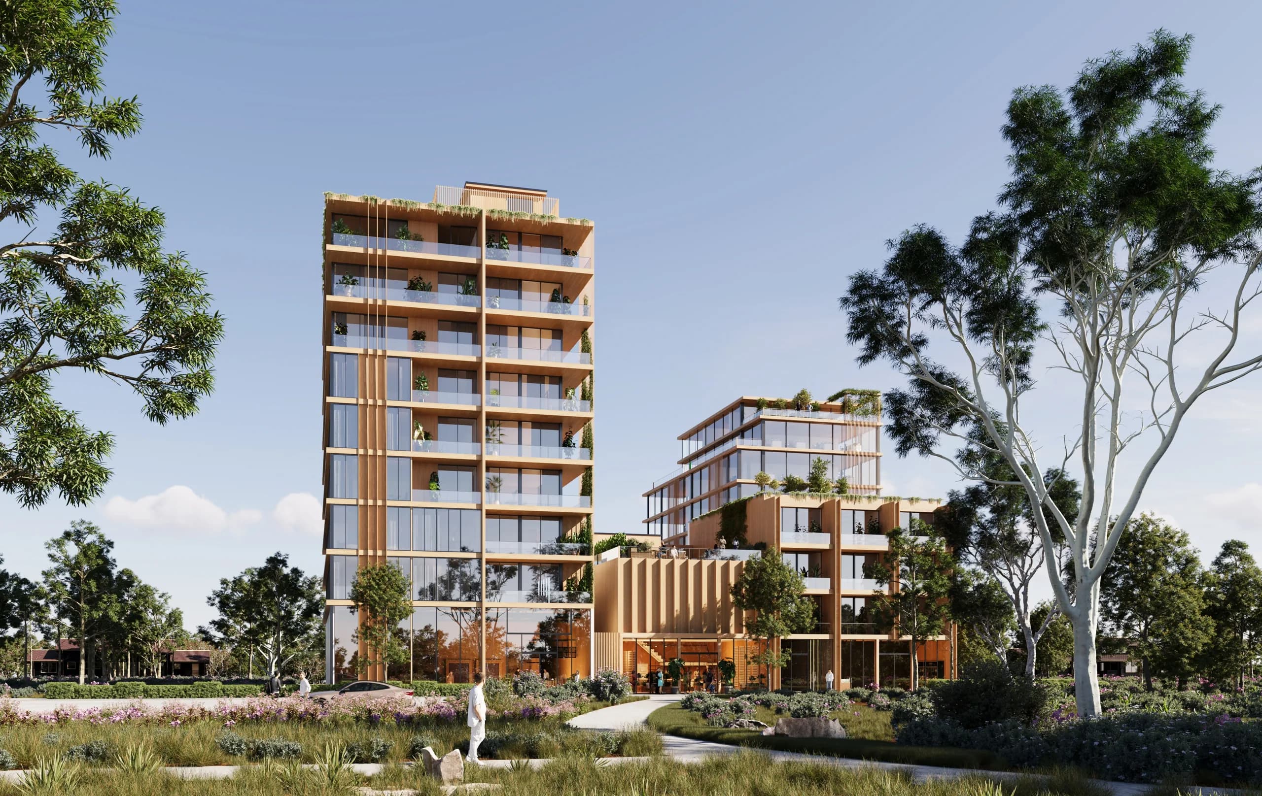 Exterior render of a residential tower and mid-rise block set in landscaped grounds, by 360 Space