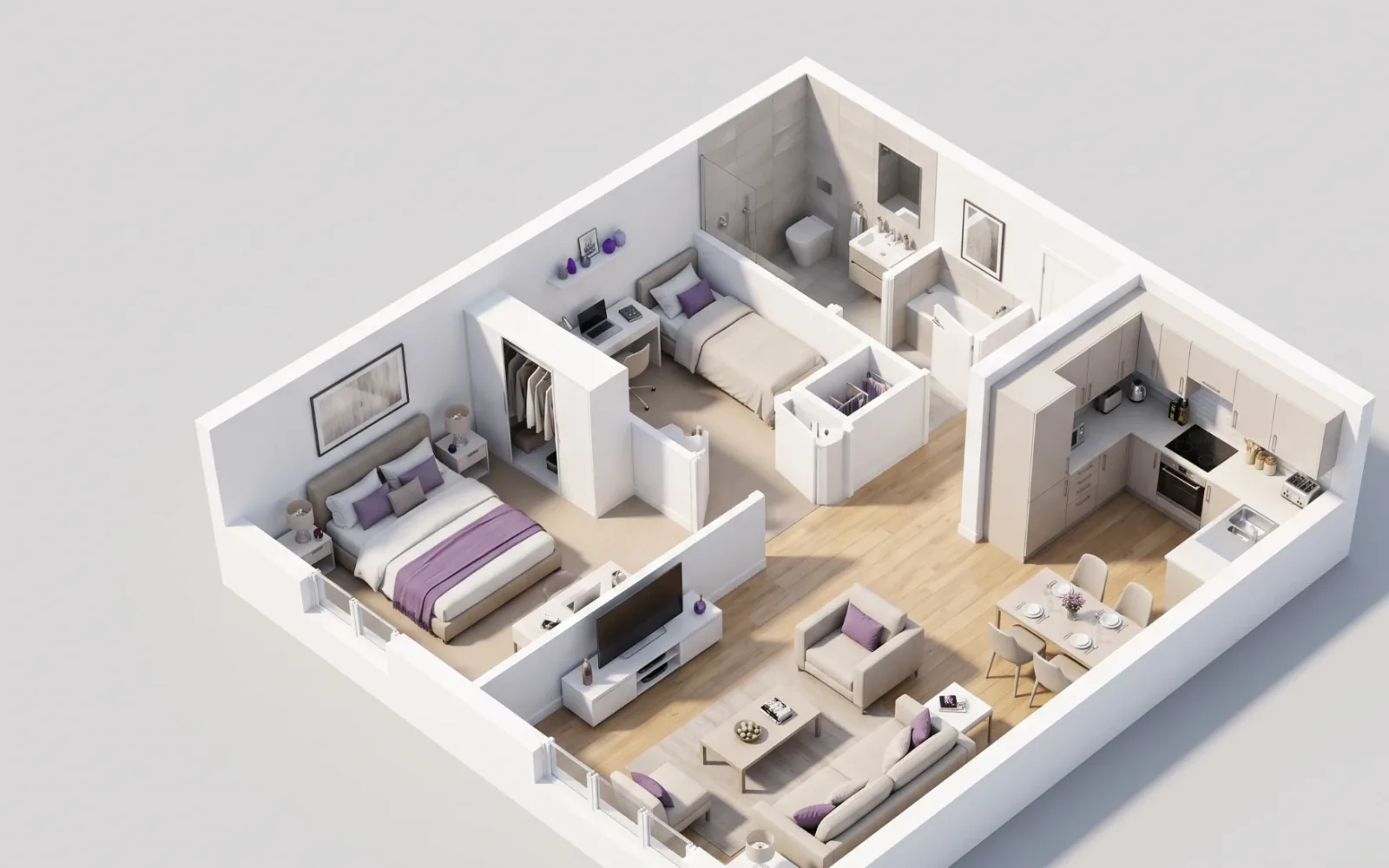 Furnished isometric 3D floor plan of a two bedroom apartment
