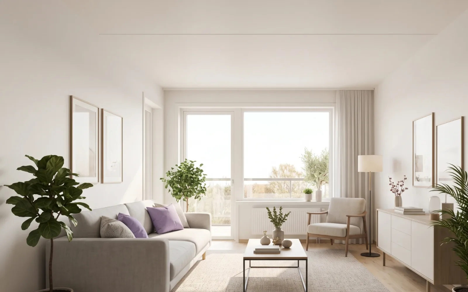 Virtually staged apartment living room with sofa, rug, plants and framed art