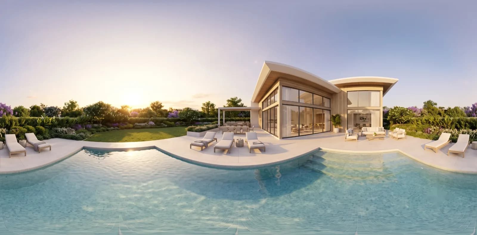 Wide 360° panorama of a clubhouse terrace with a pool and garden at golden hour